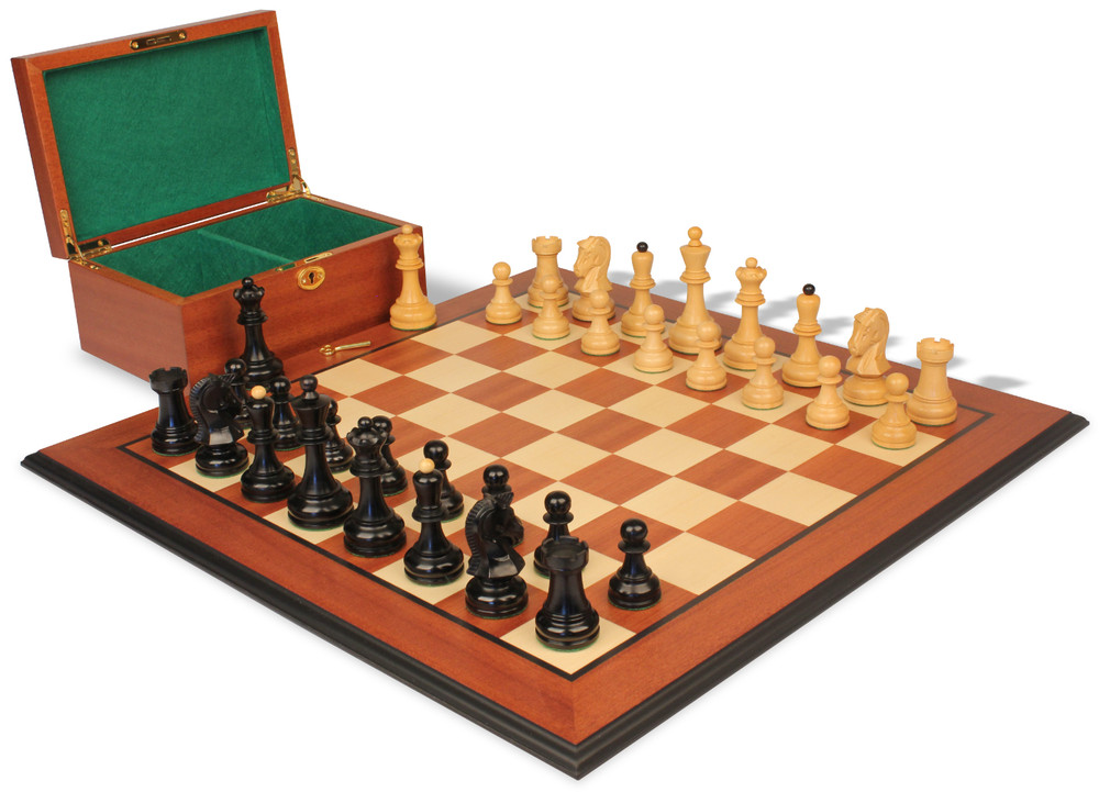 Dubrovnik Series Chess Set - Ebonized & Boxwood Pieces - Mahogany Molded Edge Chess Board & Box - 3.9" King